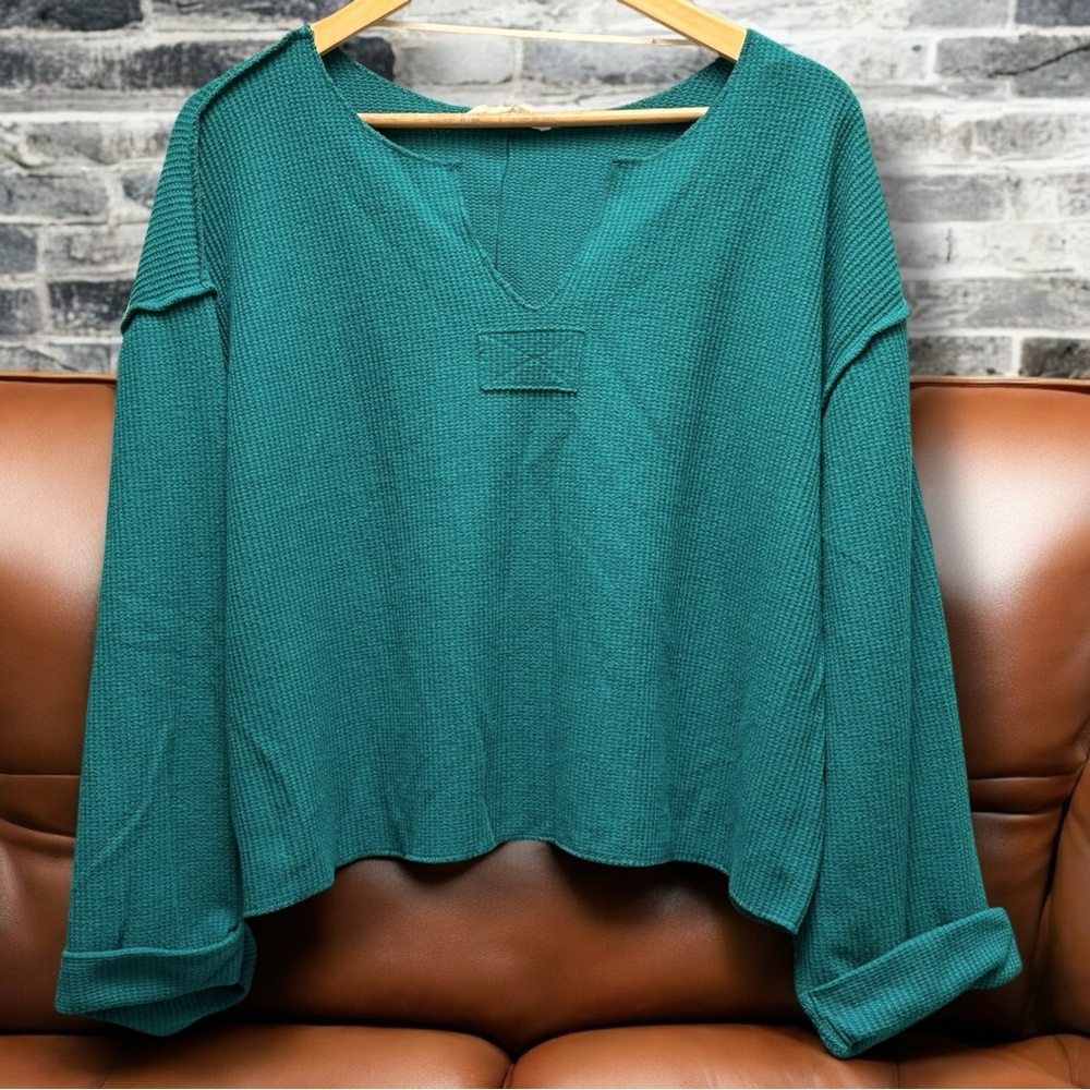 Oversized Green Split Neck Waffle Knit Raw Seam Top